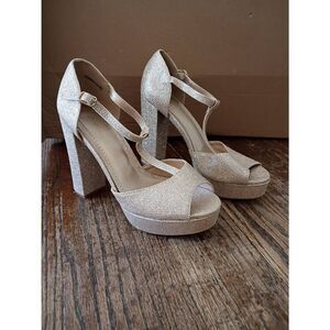 8.5 Dream Pairs Jessica Gold Glitter T Strap Chunky High Heel Shoes Wedding Prom